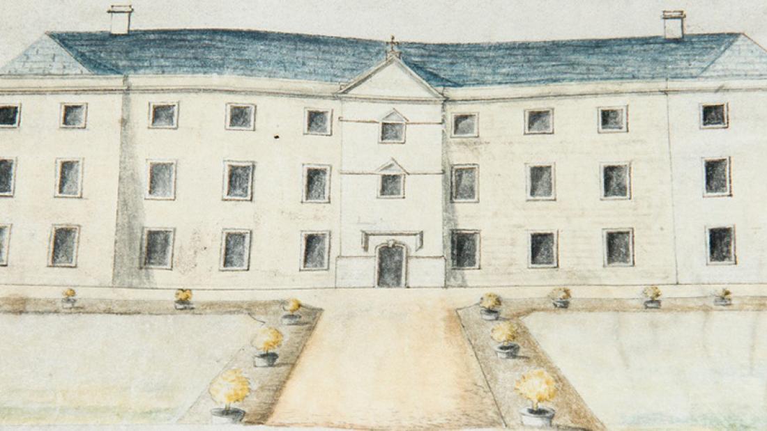 A watercolour illustration of a country house