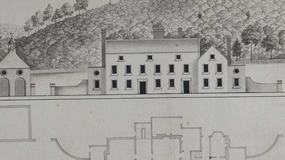 Architectural drawing of a country house, including elevation and plan