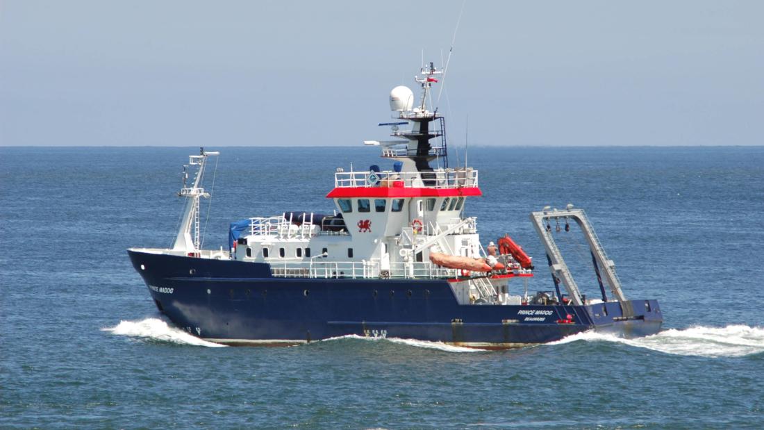 Bangor University’s Research Vessel ‘Prince Madog’ – a 35m purpose-built survey ship, containing an integrated multibeam system which was used to collect sonar data from the wreck site. 