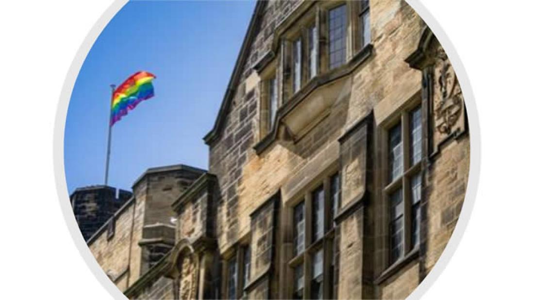 LGBTQ+ Flag Flying Above Main Arts Building