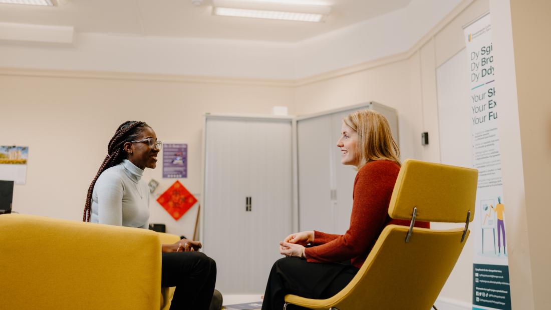 A student meeting and talking with a member of staff