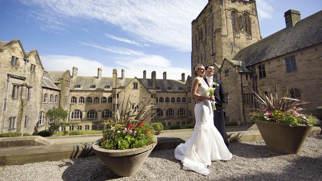 Image of a wedding in the Inner quad at Bangor University
