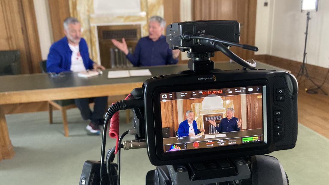 Dr Jerry Hunter and Richard Wyn Jones film their podcast 