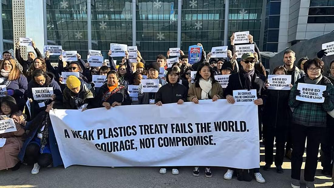 Environment activists calling for a strong global plastics treaty in Busan, South Korea, December 2025. 