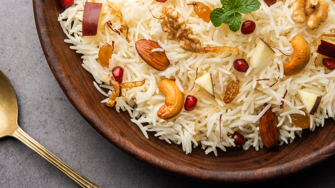 Basmati rice cooked with spices and flavored with Saffron and dry fruits