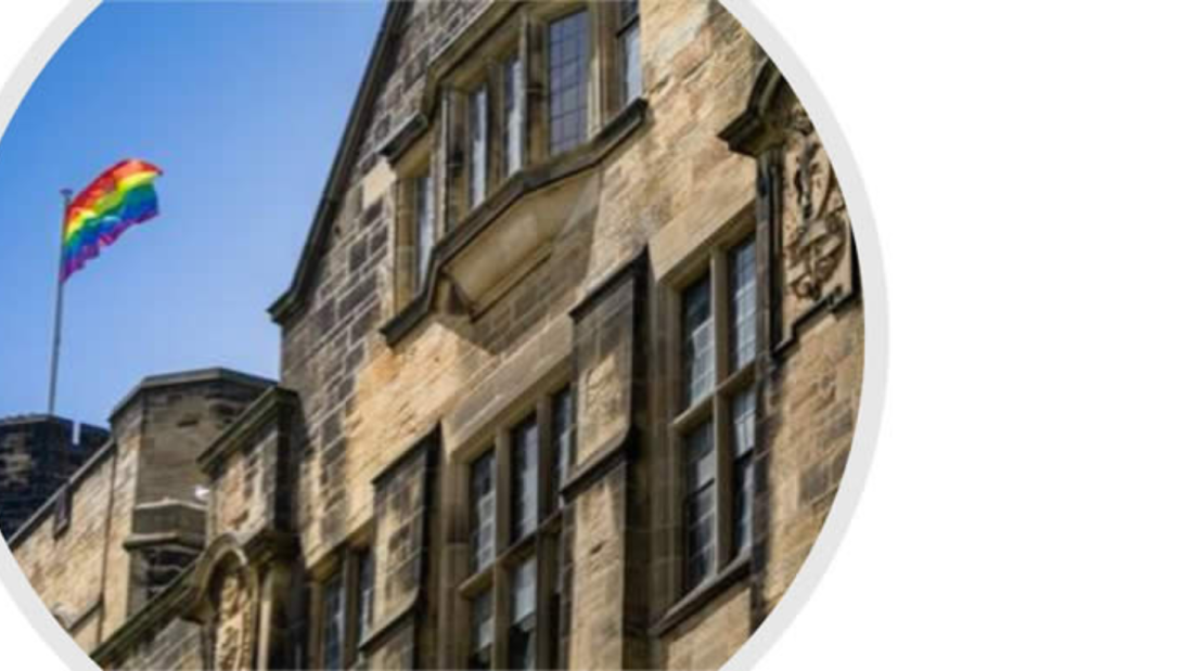An image of the Main Arts building flying an LGBTQ+ flag