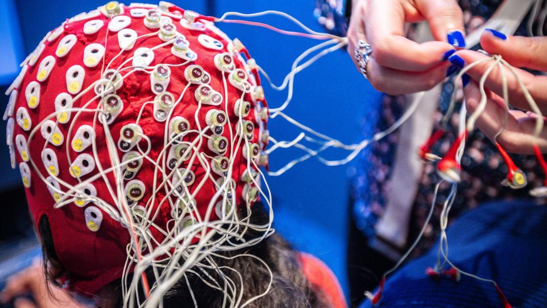  A person wearing an EEG cap