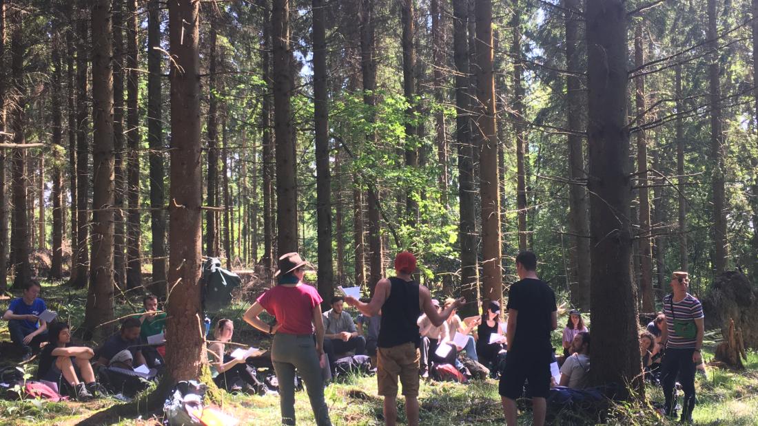 a group of students standing in a forest