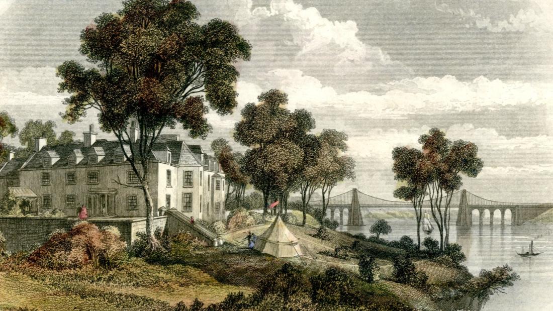 Old photo of Menai Bridge from the George Hotel 