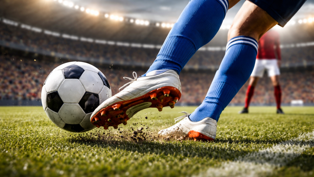 Image of a football player's legs and feet in a stadium, kicking a ball with a left foot