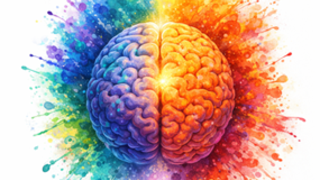 Image of a brain with the right side painted in orange and the left side painted in blue and green