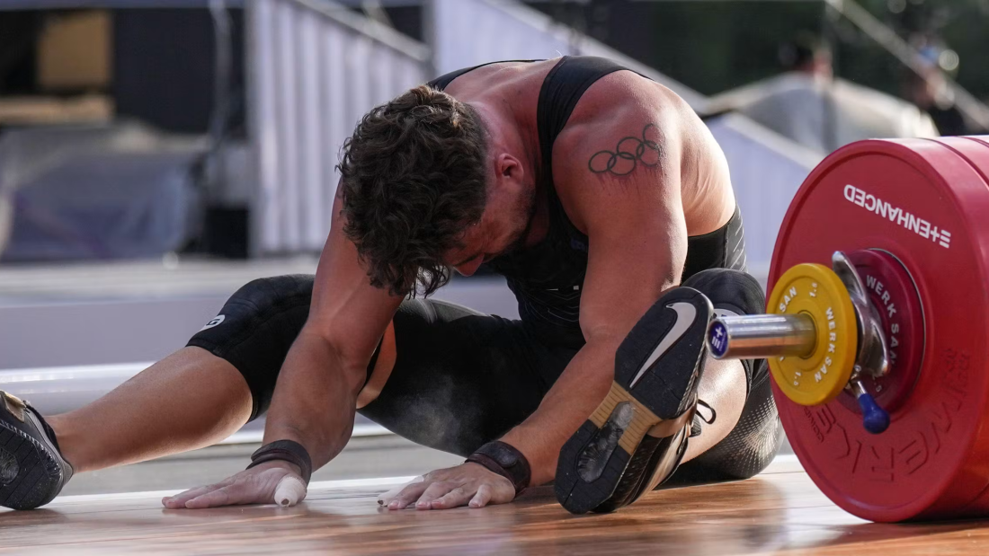 Boady Santavy, of Canada, reacts after an unsuccessful lift during a weightlifting event at the Enhanced Games in Las Vegas, Sunday, May 24, 2026