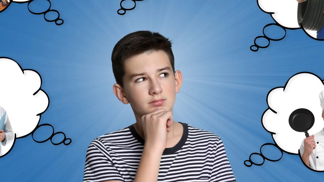 Child thinking, with cartoon bubbles around him with different career opportunities