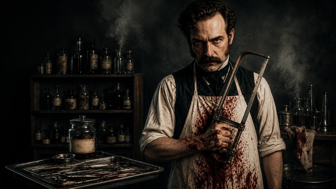 Bloodstained Victorian doctor holding a bonesaw