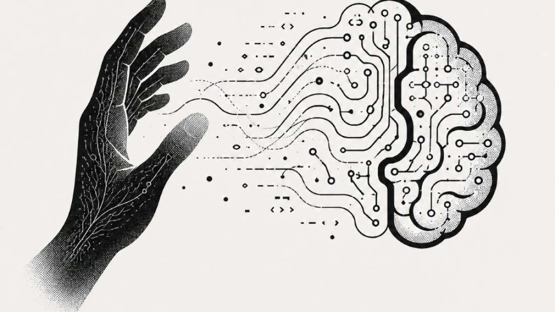 An image of a hand and a depiction of the human brain