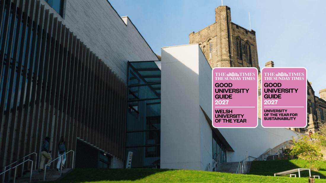 Bangor University - Pontio building with Times / Sunday Times accolade logos shown in foreground