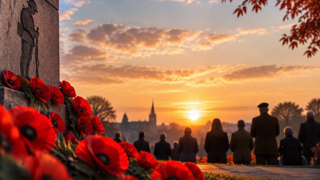 AI picture showing a community Remembrance Day gathering with poppies and a memorial