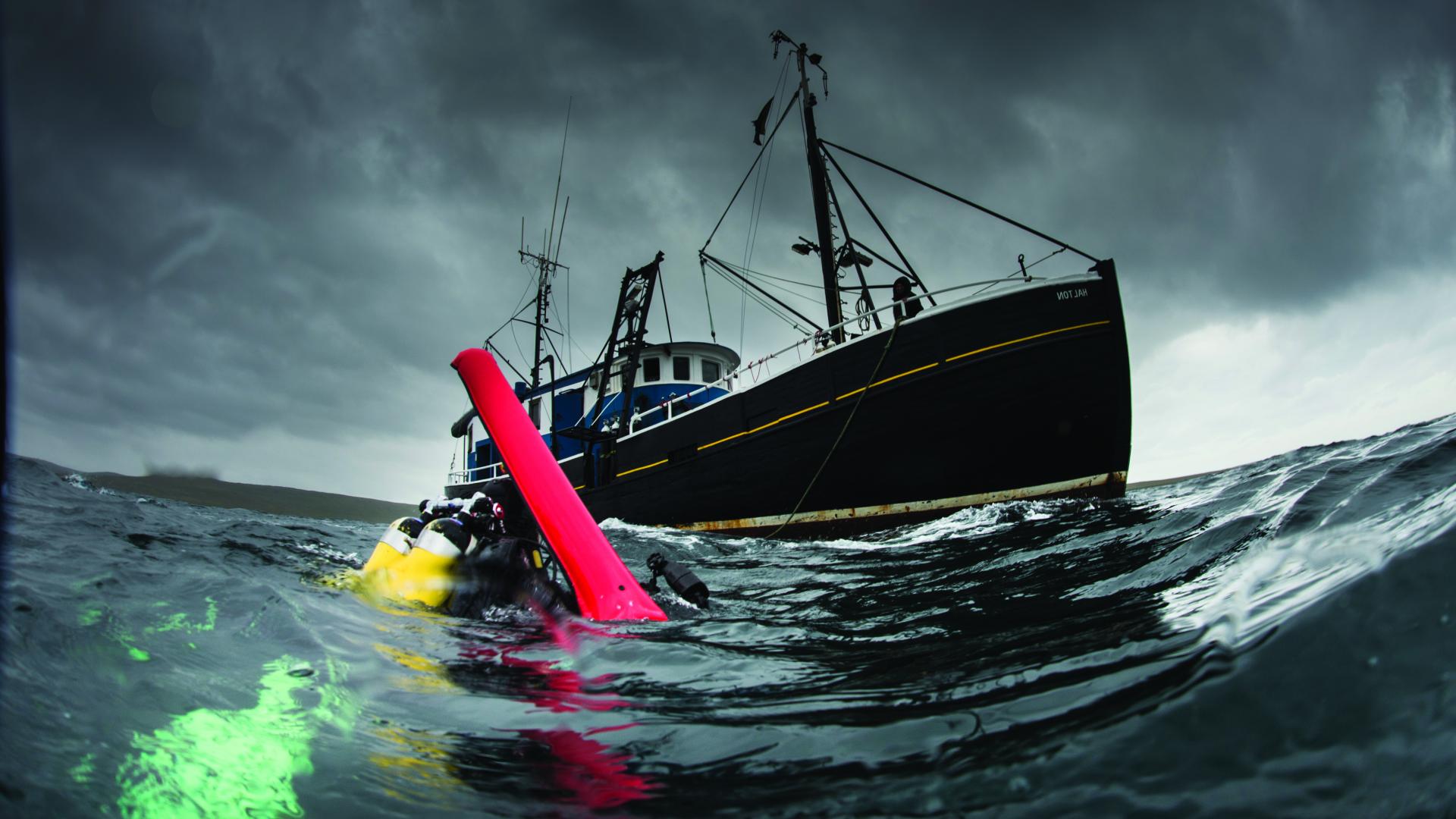 Research being conducted at sea with vessel in the background