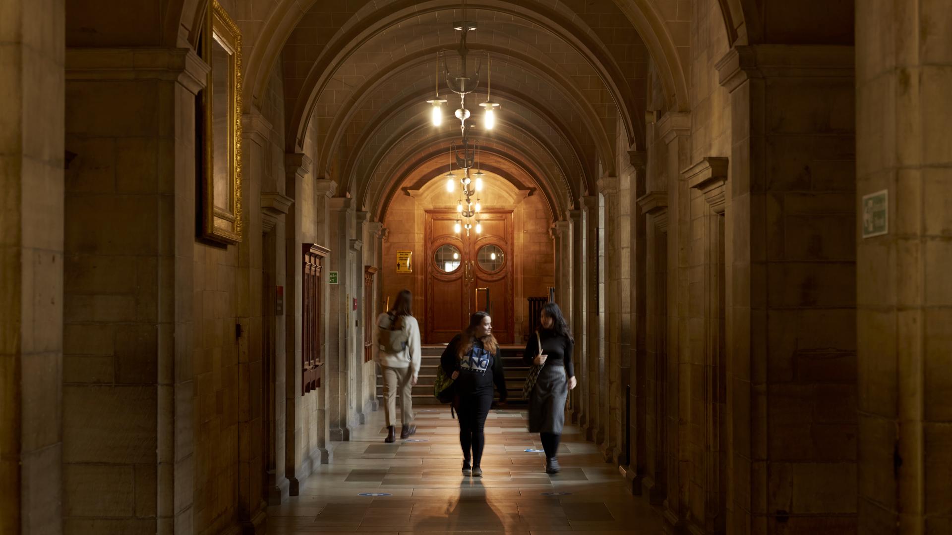 Students walking in the Main University hallway