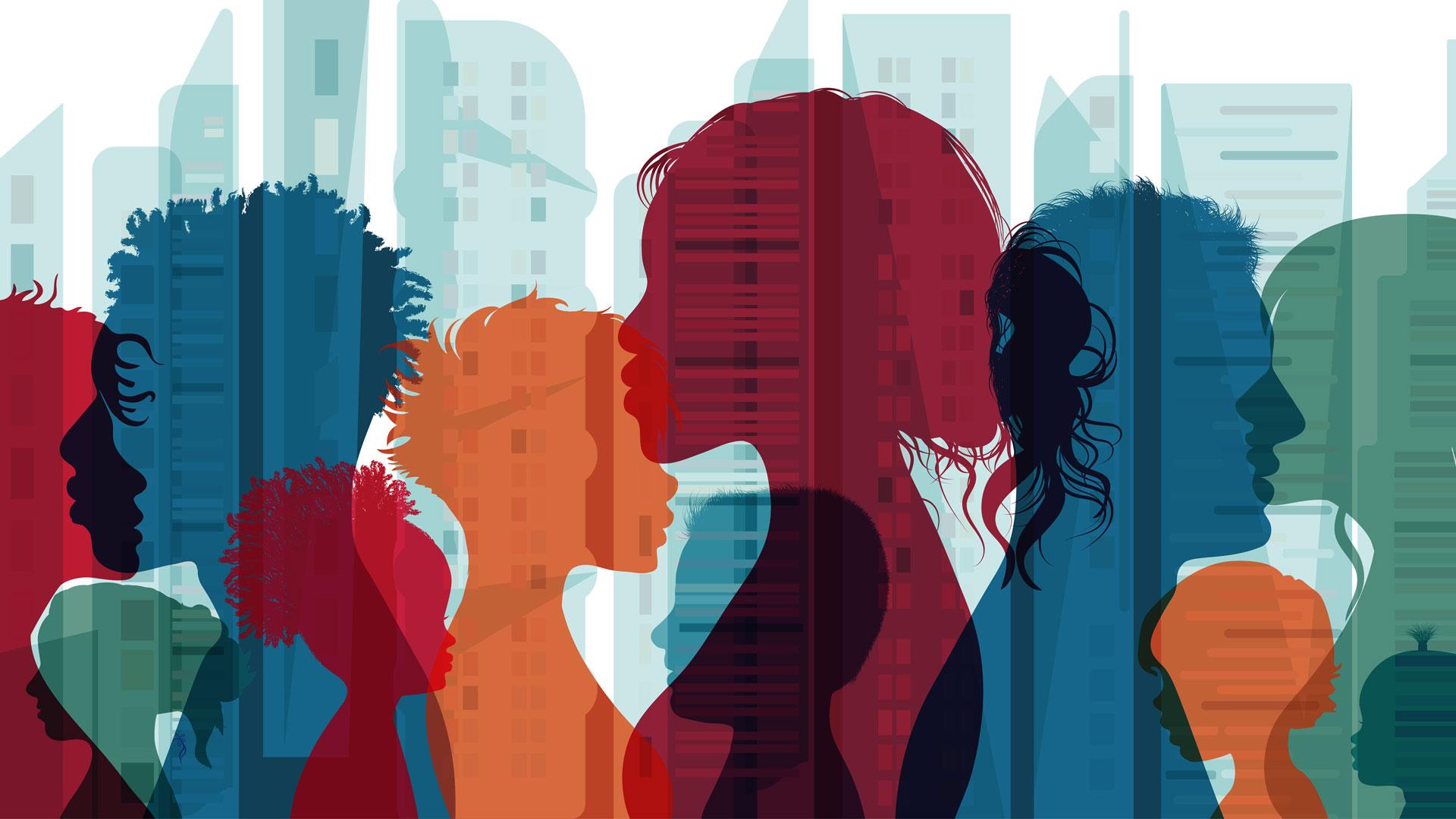 Diverse group of people in silhouette from the side