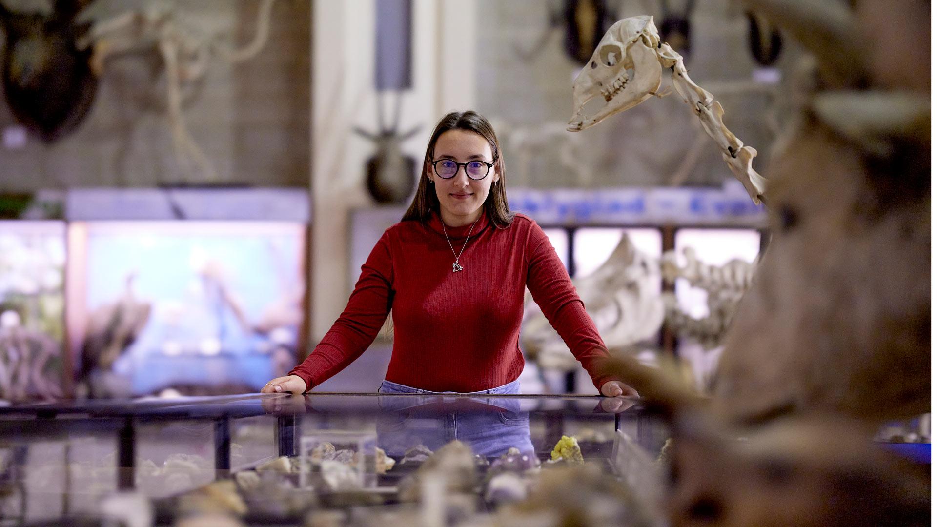 A student standing over an exhibit at Brambell Natural History Museum