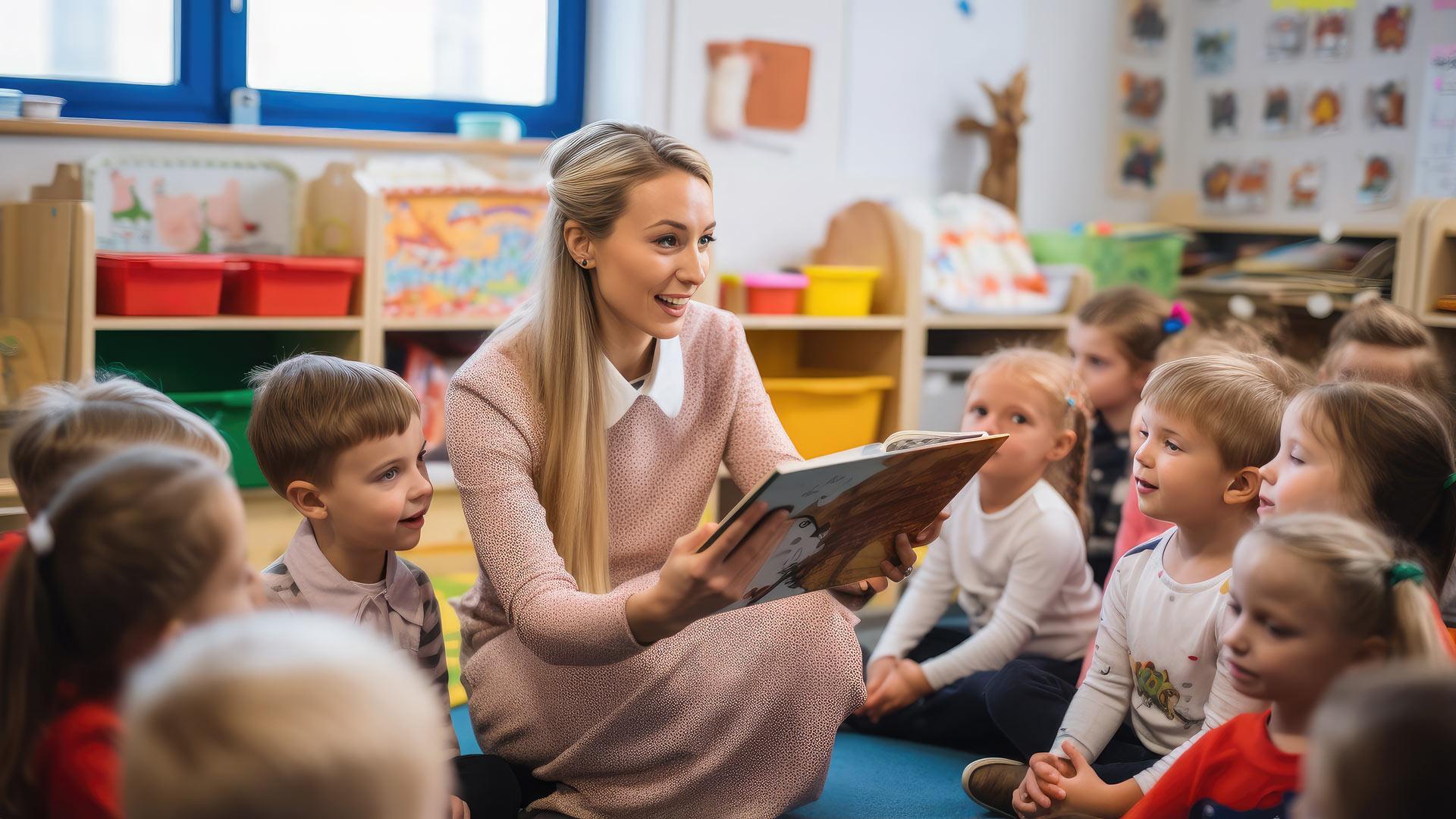 Athrawes Ysgol Gynradd yn darllen llyfr i'r disgyblion mewn dosbarth