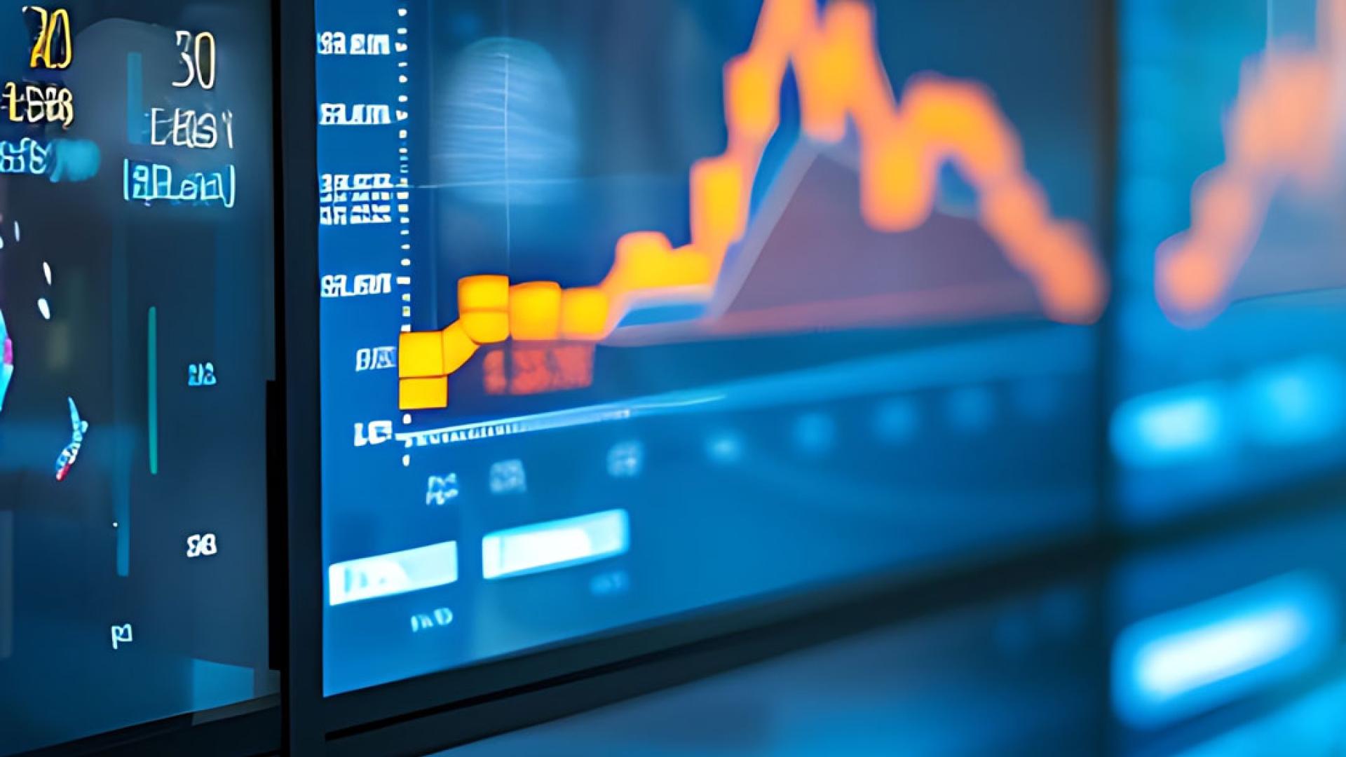 Economic data displayed on a bank of screens