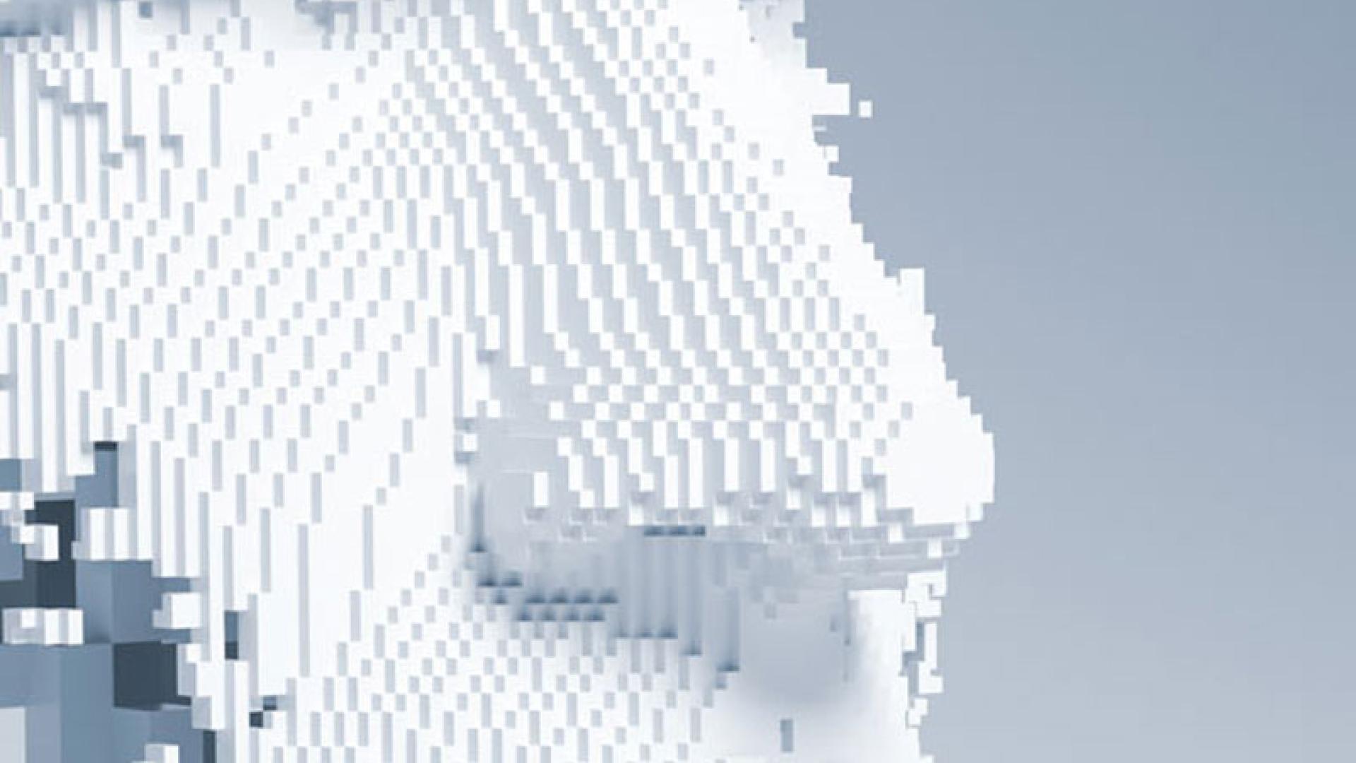 Artificial Intelligence - represented by a face mad up of multiple white blocks