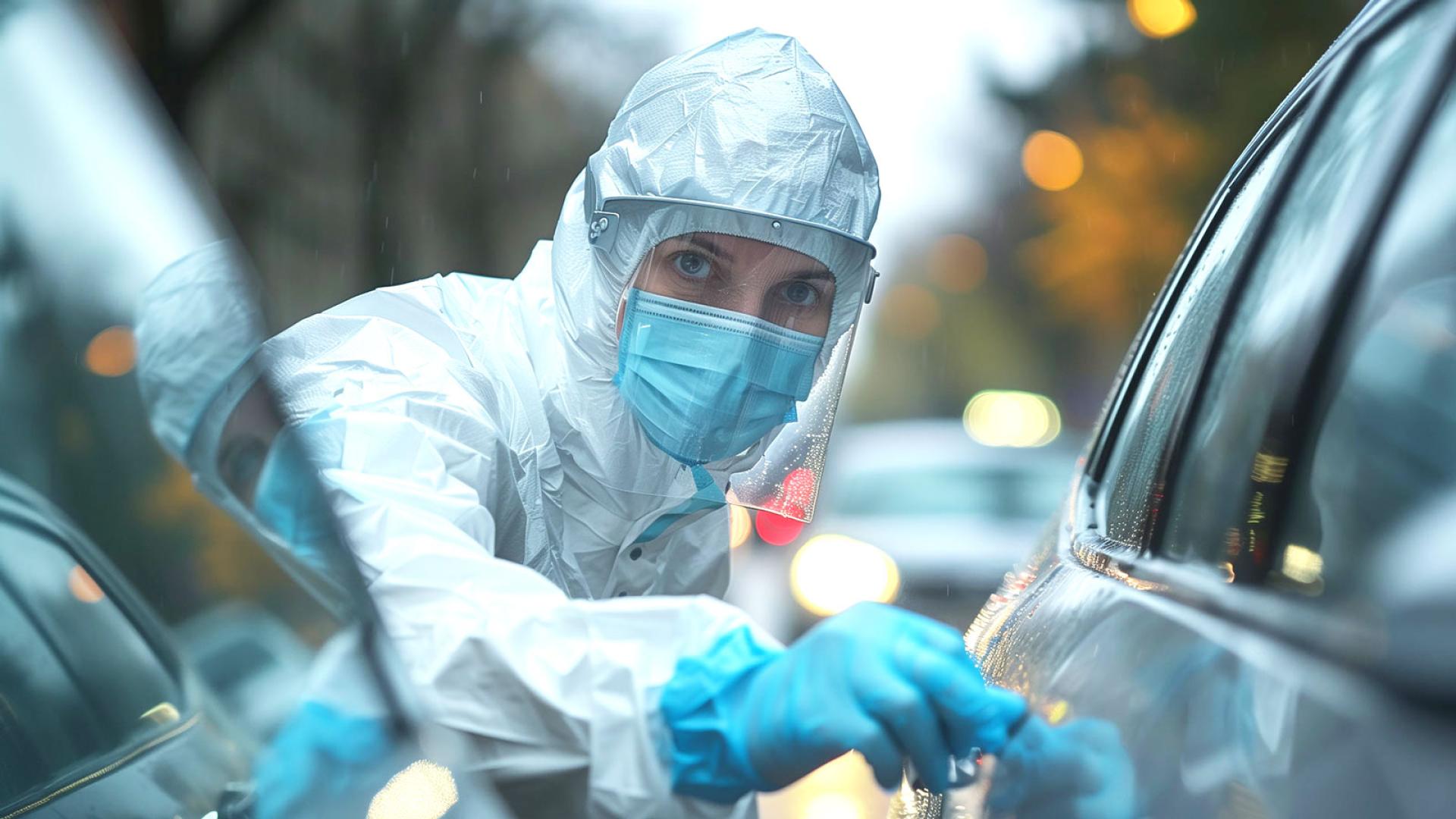 Criminologist in protective clothing collects samples 