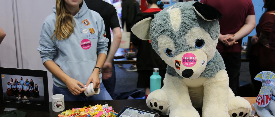 A student promoting the Dog Walking Society at the Serendipity Fair during Welcome Week