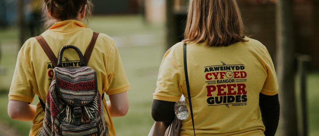 A couple of Peer Guides walking through Ffriddoedd Student Village during Welcome Week