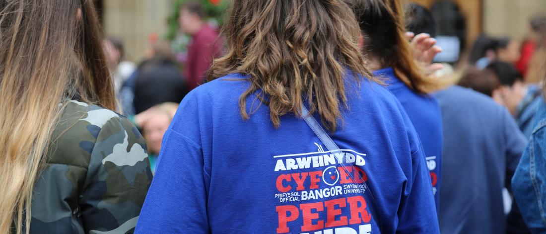 Myfyrwyr yn siarad gydag Arweinwyr Cyfoed yn ystod Wythnos Groeso
