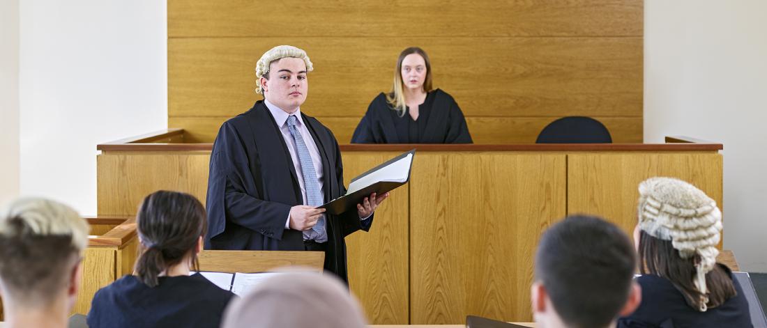 Students at the Moot courtroom at Bangor University.