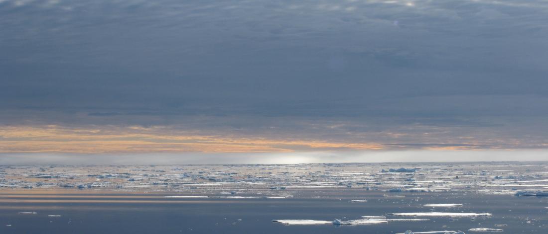 Arctic sea with a glow on the horizon and patches of sea ice