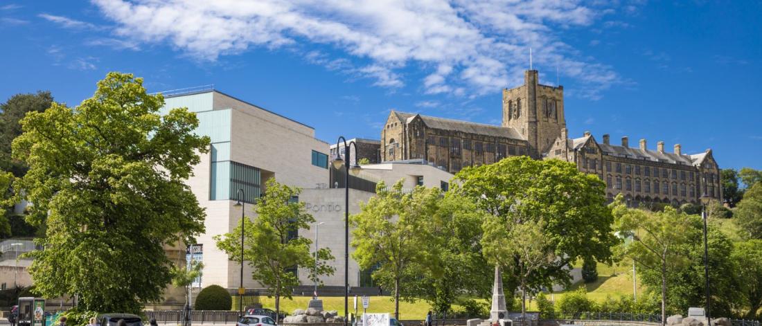 Memorial arch, Main Arts and Pontio, Bangor University