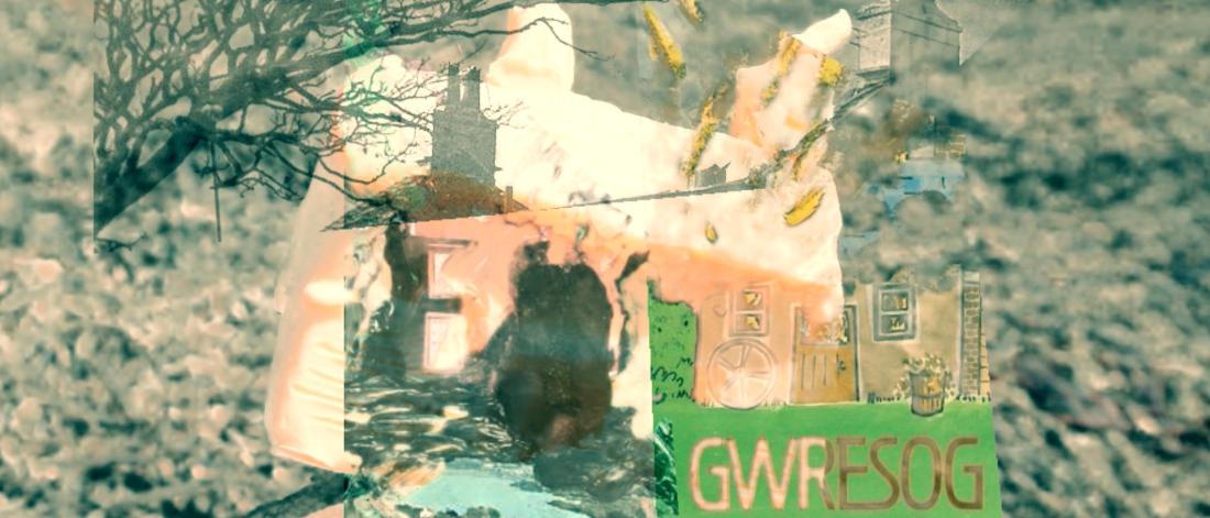 A collage of historical and contemporary photos. A buttersculpture of a house, a Beca-painting of the Mebion Glyndwr events and a cartoon on the same topic saying “Gwresog”.