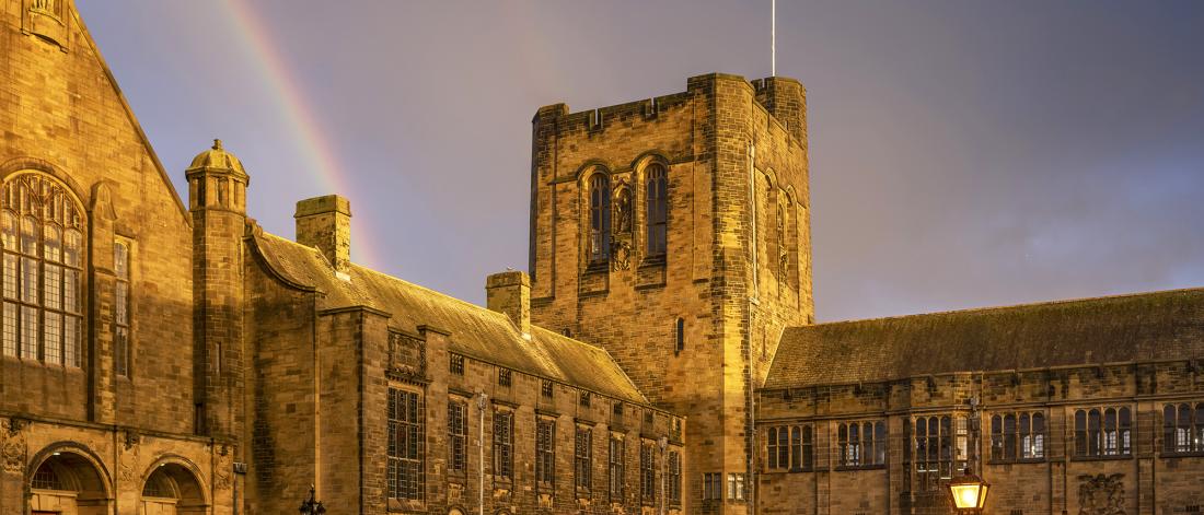 A rainbow over Bangor University Main Arts Building