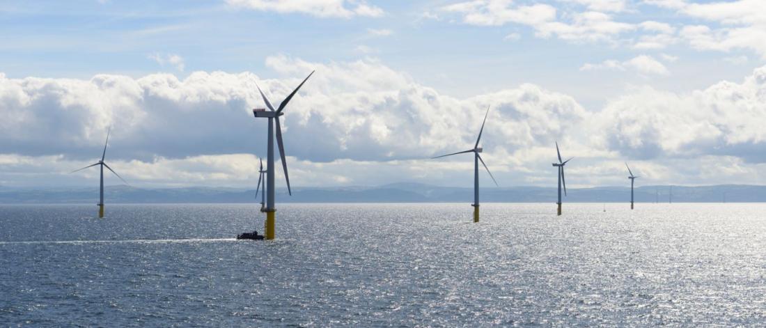 An array of wind turbines stand in Gwynt y Môr offshore wind farm