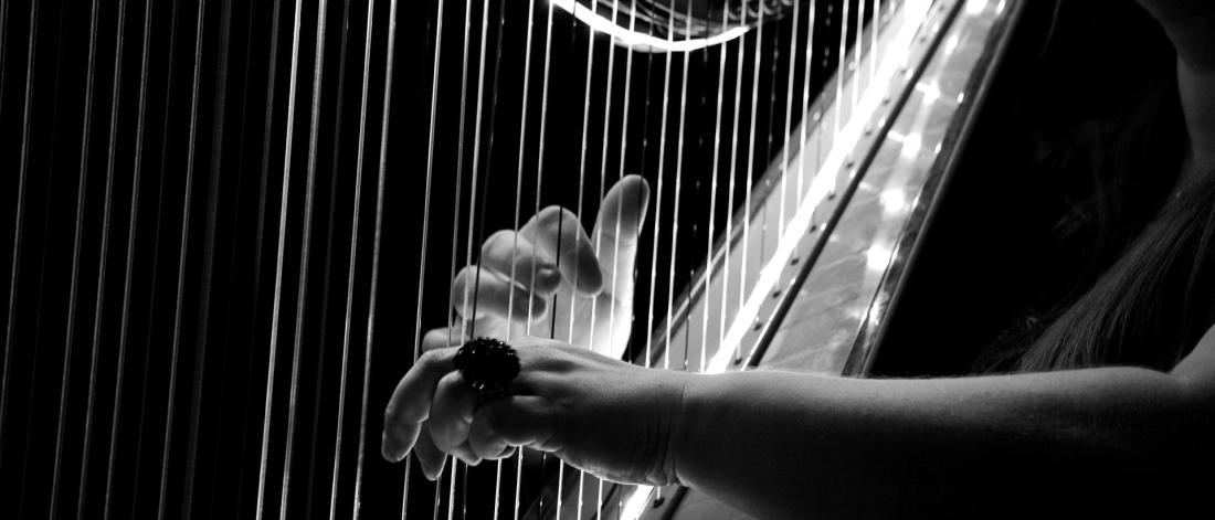 A close up of a woman playing a harp