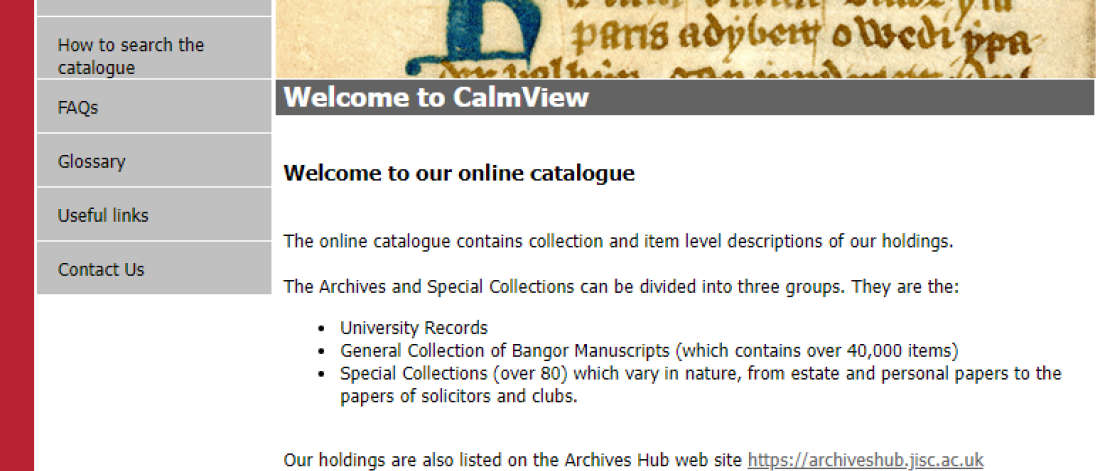 A screen capture of the archives online catalogue