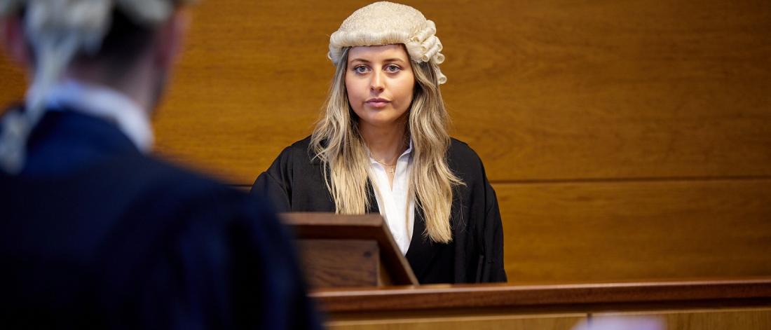 Millie Thompson, law student, in Bangor University's Moot Court