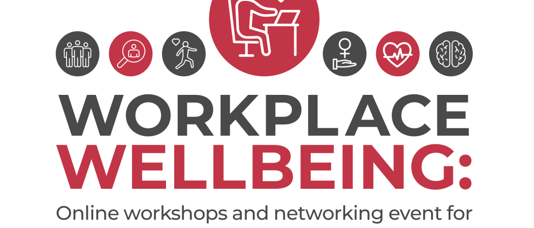 A line of small icons and the words: Workplace wellbeing: Online workshops and networking event for businesses by CALIN@Bangor Uiversoty