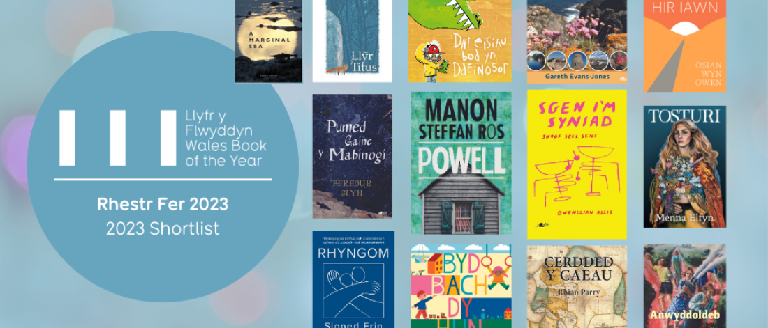 Literate Wales logo and shortlisted book covers