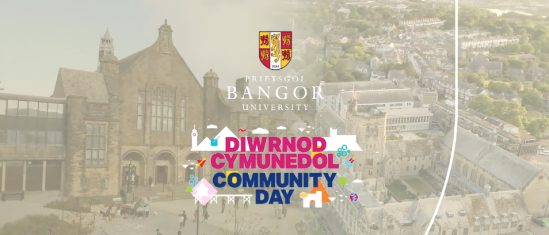 text reading community day with graphics representing the university and the city of Bangor