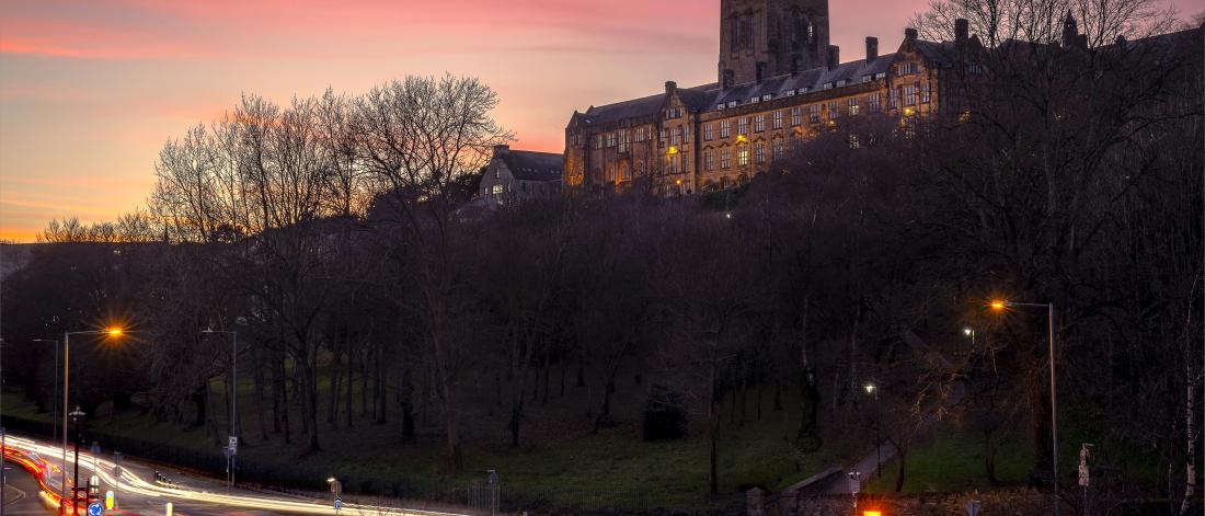 Showing the Main Arts Building of Bangor University at night