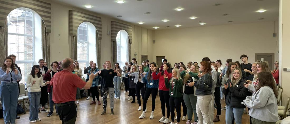 Students in a team building exercise 