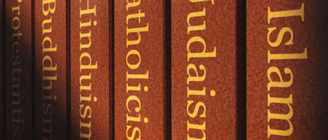 Image of religious books with the titles Islam, Judaism, Catholicism, Hinduism, Buddhism