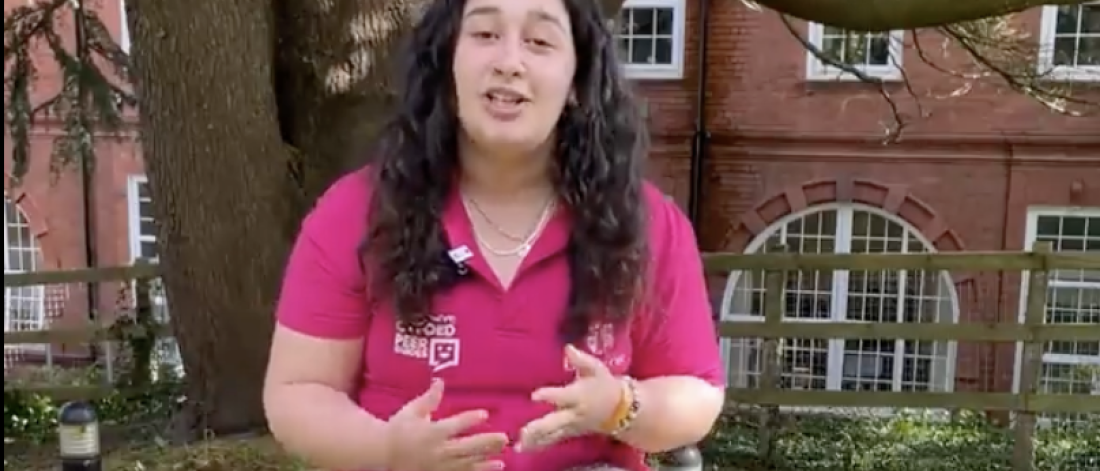 Profile picture of student with brown long curly hair sitting on a table gesticulating captured talking 