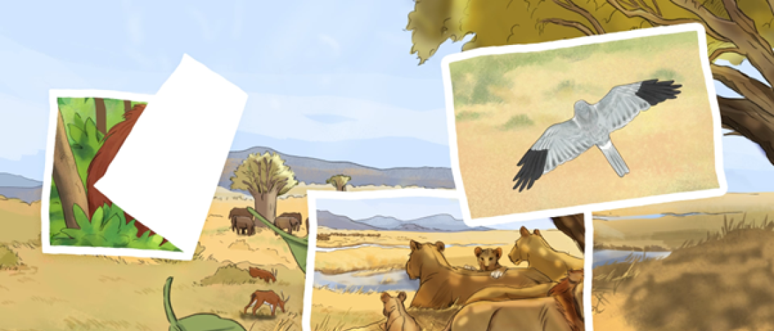 Cartoon depiction of lions and a bird