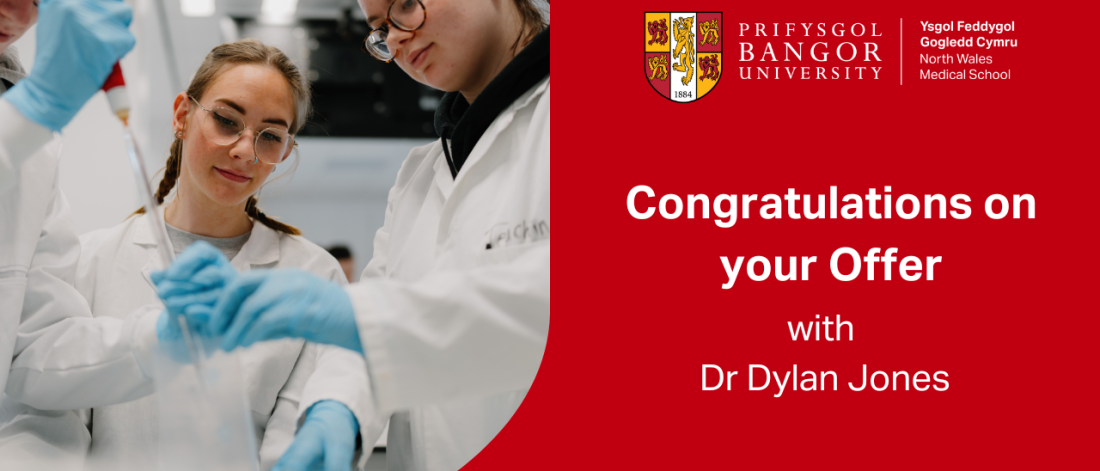 Thumbnail with a picture of 3 students in a lab that reads "Congratulations on your offer with Dr Dylan Jones"